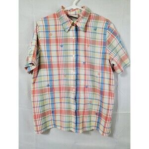 Alfred Dunner Shirt Women's Size 14 Button Up Pastel Beach Crinkle Cotton Blend